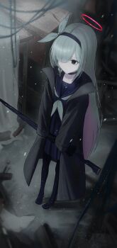 Rule 34 | 1girl, absurdres, black choker, black eyes, black hairband, blue archive, braid, choker, colored inner hair, fanfanta 152, hair over one eye, hairband, halo, highres, long hair, long sleeves, multicolored hair, pantyhose, plana (blue archive), red halo, sailor collar, school uniform, serafuku, single braid, skirt, solo, standing, very long hair, white hair