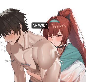 1boy 1girl absurdres angry bikini black_choker breasts brown_hair choker closed_mouth commander_(nikke) commentary english_commentary english_text flying_sweatdrops goddess_of_victory:_nikke green_swim_trunks hair_over_eyes highres hug hug_from_behind large_breasts leaning_forward long_hair muscular muscular_male parted_lips pout rapi_(nikke) rapi_(red_hood)_(nikke) rapi_(red_hood)_(red_flavor)_(nikke) red_bikini red_eyes red_hair see-through_clothes see-through_shirt shirt standing swimsuit twentytwo_(twenty_zwei) variant_set wet wet_clothes wet_shirt white_background white_shirt