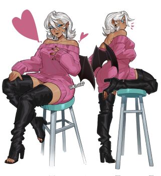 1girl alohapz alternate_costume bare_shoulders bat_girl bat_wings black_boots black_nails black_wings blue_eyes blue_eyeshadow boots breasts commentary dark-skinned_female dark_skin dress ear_piercing earrings english_commentary eyeshadow fingernails front_and_back full_body half-closed_eyes heart high_heel_boots high_heels highres humanization jewelry makeup multiple_views nail_polish notice_lines off-shoulder_sweater off_shoulder on_stool open-toe_boots parted_lips piercing pink_sweater pointy_ears rouge_the_bat short_hair sleeves_past_wrists smile sonic_(series) standing standing_on_one_leg sweater sweater_dress thigh_boots toenail_polish toenails white_hair wings