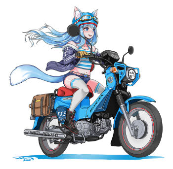 1girl animal_ear_helmet animal_ears animal_helmet bare_shoulders black_boots black_jacket blue_eyes blue_hair blue_helmet blue_tank_top boots cat_ears cat_girl cat_tail chigusa_maru_(vtuber) commentary_request crop_top denim denim_shorts floating_hair gloves helmet honda indie_virtual_youtuber jacket jlm_(tc0658) lace-up_boots long_hair long_sleeves midriff motor_vehicle motorcycle motorcycle_helmet navel off_shoulder on_motorcycle shorts simple_background solo striped_tank_top tail tank_top thighhighs virtual_youtuber white_background white_tank_top white_thighhighs yellow_gloves