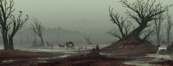 6+others absurdres bare_tree bird carriage cloak cloud cloudy_sky commentary crow english_commentary fog grey_theme highres hill holding holding_lantern hood hooded_cloak horse landscape lantern lorenzo_lanfranconi multiple_others original painterly plant_roots scenery sky tree