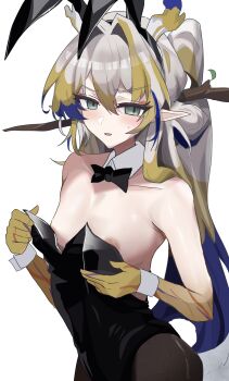 1girl absurdres animal_ears arknights bare_shoulders black_bow black_bowtie black_hairband black_leotard black_pantyhose blonde_hair blue_hair blush bow bowtie collarbone colored_skin cowboy_shot detached_collar dragon_girl dragon_horns dragon_tail fake_animal_ears flat_chest green_eyes grey_hair hair_ornament hair_stick hairband highres horns lastmatch500 leotard looking_at_viewer multicolored_hair nipple_slip nipples oversized_breast_cup oversized_clothes pantyhose parted_lips playboy_bunny pointy_ears shu_(arknights) simple_background solo strapless strapless_leotard tail traditional_bowtie v-shaped_eyebrows white_background yellow_skin