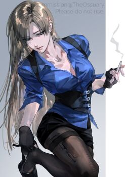 Rule 34 | 1girl, black corset, black gloves, black pantyhose, black shoes, black skirt, blue eyes, blue shirt, breasts, brown hair, cigarette, collared shirt, commentary, commission, corset, fingerless gloves, genderswap, genderswap (mtf), gloves, hashtag-only commentary, high heels, highres, holding, holding cigarette, leg up, leon s. kennedy, long hair, pantyhose, partially unbuttoned, quo theraven, resident evil, shirt, shoes, skirt, solo, thigh strap, very long hair