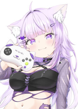 1girl :3 absurdres ahoge animal_ear_fluff animal_ears blunt_bangs breasts cat_ears cat_girl choker commentary controller game_controller hair_ornament hairclip highres holding holding_controller holding_game_controller hololive large_breasts light_blush long_hair long_sleeves looking_at_viewer midriff navel nekomata_okayu o-ring o-ring_choker purple_eyes purple_hair see-through_clothes see-through_sleeves shiina_excel simple_background smile solo upper_body virtual_youtuber white_background