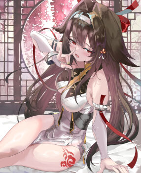 1girl absurdres aira_po armlet bangle bracelet breasts brown_hair china_dress chinese_clothes commentary dress droopy_ears hair_ornament headband highres jewelry leg_tattoo long_hair lower_teeth_only medium_breasts nail_polish red_eyes ribbon sleeveless tattoo teeth thighs ye_shunguang zenless_zone_zero