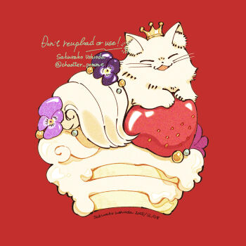 animal animal_ear_fluff animal_ears artist_name cake cake_slice cat cat_ears cat_tail closed_eyes commentary_request cream crown dated food fruit highres icing no_humans on_food open_mouth original red_background simple_background soramaru_ell strawberry tail twitter_username whiskers white_cat