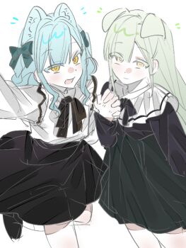 2girls :d aged_down alternate_costume animal_ear_fluff animal_ears artist_request bang_dream! bang_dream!_it's_mygo!!!!! black_dress black_ribbon black_skirt blue_hair blush bow cat_ears cat_girl child chinese_commentary closed_mouth colored_eyelashes commentary_request commission cowboy_shot curly_sidelocks dog_ears dog_girl dot_nose dress empire_waist floppy_ears bad_tag from_above green_bow hair_bow kemonomimi_mode leg_up light_smile long_hair long_sleeves looking_at_viewer medium_hair multiple_girls neck_ribbon notice_lines open_mouth outstretched_arm pov ribbon second-party_source selfie shirt shirt_tucked_in short_dress sidelocks simple_background sketch skirt smile standing standing_on_one_leg straight_hair togawa_sakiko wakaba_mutsumi white_background white_shirt yellow_eyes