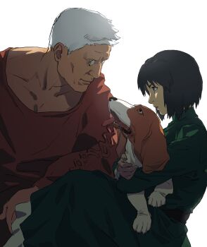 1girl absurdres aizheajsee artificial_eye batou_(gits) black_dress black_hair blue_eyes cyborg dog dress ghost_in_the_shell highres kusanagi_motoko looking_at_another medium_hair open_mouth red_shirt shirt tongue tongue_out white_background