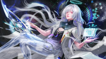 1girl absurdres breasts colored_eyelashes commentary darkyo07 dress earrings english_commentary grey_hair halo hand_up highres holographic_interface id_card jacket jewelry long_hair looking_at_viewer mornye_(wuthering_waves) parted_lips purple_dress red_eyes see-through_body small_breasts solo sword tacet_mark_(wuthering_waves) triangle_earrings weapon white_jacket wuthering_waves