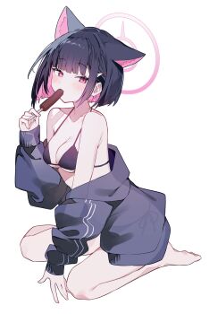 1girl absurdres animal_ears barefoot bikini black_bikini black_hair black_jacket blue_archive blush breasts cat_ears cleavage collarbone colored_inner_hair extra_ears food food_in_mouth hair_ornament hairclip halo highres holding holding_food holding_popsicle jacket jacket_partially_removed kazusa_(blue_archive) long_sleeves looking_at_viewer medium_breasts multicolored_hair off_shoulder open_clothes open_jacket pink_eyes pink_hair pink_halo popsicle red_eyes short_hair simple_background sitting solo swimsuit two-tone_hair usukawa_(uskw_sr) white_background
