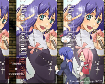 2girls blue_hair cape celestial_s commentary_request creator_(ragnarok_online) cross gloves green_eyes juliet_sleeves long_hair long_sleeves lowres macross macross_frontier milestone_celebration multiple_girls open_mouth poster_(object) priest_(ragnarok_online) puffy_sleeves purple_eyes purple_hair ragnarok_online red_cape seikan_hikou smile upper_body white_gloves