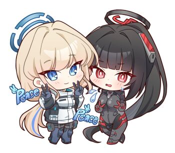 black_bodysuit black_hair blonde_hair blue_archive blue_bodysuit blue_eyes bodysuit chibi chibi_only commentary_request double_v halo highres illust_sucong jacket korean_commentary ponytail red_eyes rio_(armed)_(blue_archive) rio_(blue_archive) simple_background thighs toki_(armed)_(blue_archive) toki_(blue_archive) v white_background white_jacket