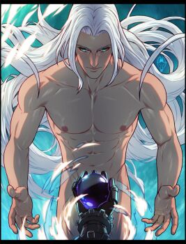 2boys abs aqua_eyes armored_gloves ball black_gloves closed_mouth cloud_strife completely_nude final_fantasy final_fantasy_vii floating fox_bravo gloves glowing glowing_eyes grey_hair holding holding_ball long_hair male_focus materia multiple_boys nude outstretched_arms outstretched_hand parted_bangs pectorals sephiroth