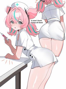 1girl absurdres aria_(human)_(zenless_zone_zero) aria_(zenless_zone_zero) ass blue_eyes blush dress english_text from_behind green_hair hands_on_table hat highres holding holding_syringe looking_at_viewer multicolored_hair multiple_views nurse nurse_cap open_mouth pink_hair quad_tails shusuchii simple_background solo streaked_hair symbol-shaped_pupils syringe white_background white_dress zenless_zone_zero