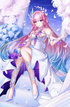 1girl absurdres aqua_hair bare_shoulders breasts commentary_request cyrene_(demiurge)_(honkai:_star_rail) cyrene_(honkai:_star_rail) diamond-shaped_pupils diamond_(shape) dress flower hair_flower hair_ornament high_heels highres honkai:_star_rail honkai_(series) large_breasts long_hair looking_at_viewer multicolored_hair nanfeng7477 pink_hair pointy_ears purple_eyes sitting sitting_on_stairs solo stairs symbol-shaped_pupils two-tone_hair very_long_hair white_dress