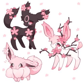 :&lt; alternate_color alternate_element branch charamells cherry_blossoms closed_mouth colored_sclera ear_flower eevee evolutionary_line facial_mark floral_background flower flower_on_chest fluffy forehead_mark full_body gen_1_pokemon gen_2_pokemon gen_6_pokemon head_tilt highres nintendo no_humans pastel_colors pink_eyes pink_flower pink_sclera pink_theme pokemon pokemon_(creature) simple_background sylveon umbreon white_background