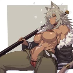 1girl abs animal_ears animated areola_slip belt_bra brown_eyes cameltoe clitoris_slip covered_erect_nipples dark-skinned_female dark_skin deep_skin eyepatch ghislaine_dedoldia grey_hair looking_at_viewer looping_animation mikoyan muscular muscular_female mushoku_tensei navel open_fly pussy pussy_peek revealing_clothes solo tail tail_ornament tail_ring uncensored video