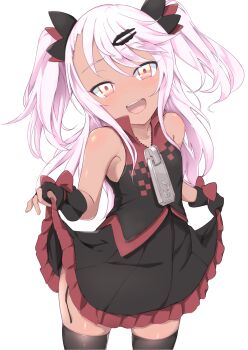 1girl :d absurdres akatsuki_uni akatsuki_uni_(cosplay) bare_shoulders black_dress black_gloves black_panties black_thighhighs blush brown_eyes chloe_von_einzbern cosplay dark-skinned_female dark_skin dress fate/kaleid_liner_prisma_illya fate_(series) female_focus gloves hair_between_eyes hair_ornament hairclip head_tilt highres long_hair looking_at_viewer one_side_up open_mouth p_answer panties partially_fingerless_gloves pink_hair simple_background skindentation skirt_hold sleeveless sleeveless_dress smile solo teeth thighhighs two_side_up underwear uni_create upper_teeth_only very_long_hair virtual_youtuber white_background zipper_pull_tab