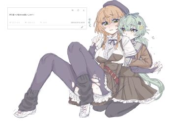 2girls assault_lily belt belt_buckle beret black_flower black_leg_warmers black_pantyhose blue_ribbon blush braid breasts bridal_gauntlets brown_belt brown_dress brown_hair buckle center_frills collared_shirt convenient_leg cropped_jacket crossed_bangs dress flower flying_sweatdrops frilled_dress frilled_shirt frills gatti_love grabbing_another&#039;s_breast grabbing_from_behind green_eyes green_hair groping hair_between_eyes hair_flower hair_ornament hair_ribbon hand_up hands_up hat heads_together highres hirotsu_yuuzutsu knees_up leg_warmers long_hair long_sleeves looking_at_another looking_to_the_side low_twin_braids low_twintails medium_breasts multiple_girls neck_ribbon nose_blush pantyhose parted_lips pinafore_dress pleated_dress purple_bridal_gauntlets purple_hat purple_pantyhose purple_ribbon raised_eyebrows request_inset ribbon school_uniform seiza shirt shoes short_sleeves side_braid sideways_glance simple_background sitting sitting_on_lap sitting_on_person sketch sleeveless sleeveless_dress smile sweat torn_clothes torn_pantyhose translation_request twin_braids twintails ueda_imari very_long_hair wavy_mouth white_background white_shirt white_shoes yellow_eyes yellow_flower yuri