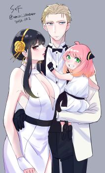 1boy 2girls anya_(spy_x_family) arm_around_waist bare_shoulders black_bow black_bowtie black_gloves black_hair black_pants black_shoes blonde_hair blue_eyes bow bowtie breasts child cleavage collared_shirt copyright_name cowboy_shot dated dress earrings flower gloves gold_earrings gold_hairband green_eyes grey_background grin hair_flower hair_ornament hair_slicked_back hairband hairpods highres hoop_earrings jewelry light_blush long_hair looking_at_viewer medium_hair multiple_girls pants pink_hair plunging_neckline red_eyes shirt shirt_tug shoes short_hair side_slit sideboob sidelocks smile spy_x_family suspenders twilight_(spy_x_family) twitter_username umini_ikukara updo white_dress white_shirt yor_briar