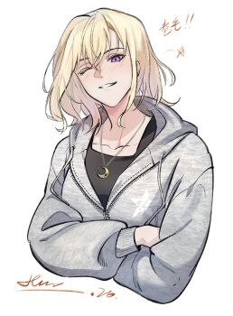 1girl absurdres bang_dream! bang_dream!_it's_mygo!!!!! blonde_hair blush chinese_commentary chinese_text commentary_request cropped_torso dated grey_jacket hair_between_eyes hero45439083942 highres jacket long_sleeves medium_hair misumi_uika one_eye_closed open_mouth purple_eyes simple_background solo translation_request upper_body white_background