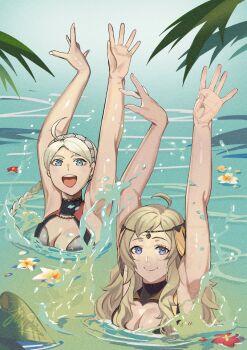 2girls armpits arms_up bad_tag blonde_hair blue_eyes braid collared_one-piece_swimsuit dancing duet fire_emblem fire_emblem_fates flower hands_up headband highres lake leaf long_hair looking_at_viewer matching_pose multiple_girls nina_(fire_emblem) nintendo ophelia_(fire_emblem) partially_submerged purple_eyes smile splashing swimming synchronized_swimming twin_braids water white_hair yusi_vishnu