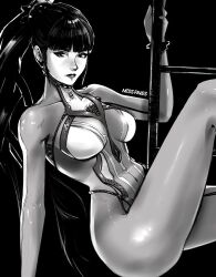 Rule 34 | 1girl, artist name, black background, blunt bangs, bodysuit, breasts, commentary, english commentary, eve (stellar blade), hair ornament, ladder, large breasts, lips, long hair, looking at viewer, miss faves, monochrome, ponytail, skin tight, solo, stellar blade