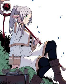 1girl absurdres belt black_belt black_pantyhose boots brown_boots capelet commentary crossed_legs earrings elf falling_petals foot_out_of_frame frieren from_side gold_trim grass green_eyes grey_hair hair_over_shoulder highres holding holding_staff jesse_schickler jewelry long_hair long_pointy_ears long_sleeves looking_ahead mage_staff over_shoulder pantyhose parted_bangs parted_lips petals pointy_ears rock shirt short_eyebrows simple_background sitting skirt solo sousou_no_frieren staff striped_clothes striped_shirt suitcase thick_eyebrows white_background white_capelet white_skirt wide_sleeves