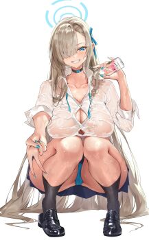 1girl asuna_(blue_archive) black_choker black_shoes black_socks blue_archive blue_eyes blue_nails blue_ribbon blue_skirt blush bottle bow bra bra_visible_through_clothes breasts brown_hair button_gap choker cleavage collarbone collared_shirt fengsao_hua_tanzhang full_body grin hair_ornament hair_over_one_eye hair_ribbon halo highres holding huge_breasts kneehighs large_breasts loafers long_hair long_sleeves looking_at_viewer mole mole_on_breast nail_polish no_bra panties pleated_skirt pouring pouring_onto_self ribbon school_uniform scrunchie see-through_clothes see-through_shirt shirt shoes simple_background sitting skirt slip-on_shoes smile socks solo squatting sweat thighs underwear v very_long_hair water wet wet_clothes wet_shirt white_background white_shirt wrist_scrunchie