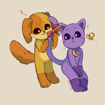 ! 2boys :&lt; :3 animal_ears black_collar black_sclera bow bug butterfly cat_boy cat_ears cat_tail catnap_(poppy_playtime) collar colored_sclera commentary_request dark_orange_fur dark_purple_fur dog_boy dog_ears dog_tail dogday_(poppy_playtime) dotted_line full_body highres holding holding_another&#039;s_tail insect jewelry looking_at_another looking_back male_focus moon moon_(ornament) moon_necklace multicolored_fur multiple_boys musical_note necklace orange_collar orange_fur poppy_playtime purple_fur red_bow sitting smiling_critters sun_(ornament) sun_necklace sun_symbol tagme tail tail_bow tail_ornament white_eyes