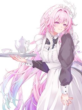 Rule 34 | 1girl, absurdres, alternate costume, apron, black dress, commentary, cyrene (honkai: star rail), cyrene (ripples of past reverie) (honkai: star rail), dress, fingernails, gradient hair, highres, holding, holding tray, honkai: star rail, honkai (series), long hair, long sleeves, looking at viewer, maid headdress, millchi, multicolored hair, nail polish, parted lips, pink eyes, pink hair, pink nails, pointy ears, sidelocks, simple background, smile, solo, tray, very long hair, white background