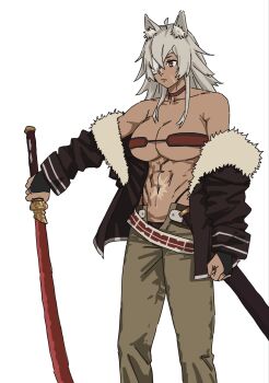 1girl abs animal_ears attack bandeau black_jacket breasts cat_ears choker commentary_request dark-skinned_female dark_skin eyepatch fur-trimmed_jacket fur_trim ghislaine_dedoldia green_pants grey_hair h4sh1rnoto highleg highleg_panties highres holding holding_sword holding_weapon jacket large_breasts long_hair muscular muscular_female mushoku_tensei navel open_clothes open_jacket open_pants panties pants red_bandeau red_choker red_eyes scar scar_on_stomach sheath solo sword tail underwear weapon