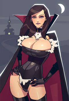 1girl black_boots black_cape black_corset black_gloves black_panties boots breasts brown_hair cape cleavage corset crescent_moon david_goujard gloves hands_on_own_hips high_collar large_breasts long_hair moon original panties red_cape solo thigh_boots two-sided_cape two-sided_fabric underwear