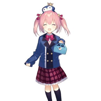 1girl adelina_blue aqua_eyes black_socks bow bowtie closed_eyes frilled_skirt frills hair_ornament holding kneehighs lunchbox open_mouth pink_hair plaid_clothes plaid_skirt red_bow red_bowtie red_skirt school_uniform short_hair sidelocks skirt smile socks twintails uchi_no_hime-sama_ga_ichiban_kawaii yamiya_(8_18dlq)