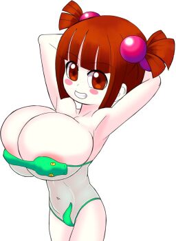 1girl areola_slip armpits arms_behind_head bikini breasts brown_hair bursting_breasts cleavage covered_erect_nipples green_bikini grin highres huge_breasts legs looking_at_viewer navel oppai_loli original sideboob smile solo swimsuit tank_top thighs twintails