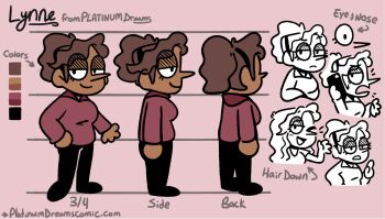 1girl alternate_hairstyle arms_at_sides black_eyes black_pants black_shoes brown_hair character_name color_guide dark-skinned_female dark_skin dawn_(paper_dawn) english_text eyelashes from_behind from_side full_body guide hair_down half-closed_eyes highres long_nose long_sleeves lynne_(paper_dawn) multiple_expressions multiple_views one_eye_closed open_hand open_mouth original pants pointing pointing_up ponytail red_background red_shirt reference_sheet shirt shoes short_hair shout_lines smile solo standing talking talking_on_phone turnaround watermark web_address