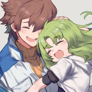 1boy 1girl ao_no_kiseki ascot auru_t black_hairband brown_gloves brown_hair closed_eyes dog_tags eiyuu_densetsu gloves green_ascot hairband hajimari_no_kiseki happy hug kea_(eiyuu_densetsu) lloyd_bannings mullet open_mouth simple_background yellow_eyes zero_no_kiseki