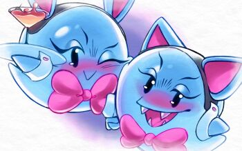 2girls :> :d animal_ears black_eyes blue_skin blush bow bowtie cocktail_glass colored_skin cup drinking_glass echothethird fake_animal_ears fangs full_body half-closed_eyes highres holding lahla_(mario) looking_at_viewer mario_(series) multiple_girls nintendo nose_blush one_eye_closed open_mouth paper_mario paper_mario:_the_thousand-year_door peeka_(mario) pink_bow pink_bowtie playboy_bunny rabbit_ears smile tongue tray white_background wrist_cuffs