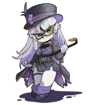 1girl :3 absurdres black_bow black_coat black_hair black_jacket blue_eyes bow bowtie braid breasts cane chibi closed_mouth coat commentary_request feathers full_body gloves goddess_of_victory:_nikke grey_hair half_mask hat hat_bow head_tilt heterochromia highres holding holding_cane jacket kokee12 korean_commentary long_hair long_sleeves looking_at_viewer mask medium_breasts multicolored_hair pants phantom_(nikke) purple_bow purple_hair shadow shirt side_braid simple_background smile solo standing thigh_strap top_hat two-tone_hair very_long_hair white_background white_gloves white_hair white_pants yellow_eyes