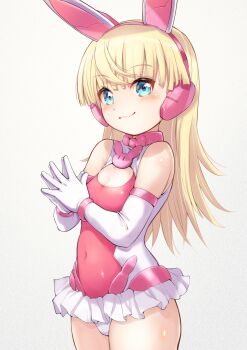 1girl 30_minutes_sisters animal_ears blonde_hair blue_eyes blush bodysuit breasts cleavage_cutout closed_mouth clothing_cutout commentary_request covered_navel cowboy_shot elbow_gloves gloves grey_background highres leotard lirinel_(30ms) long_hair looking_at_viewer mechanical_ears microskirt multicolored_leotard own_hands_together pariya_0001 pink_leotard rabbit_ears skirt small_breasts smile solo standing steepled_fingers two-tone_leotard white_gloves white_leotard white_skirt