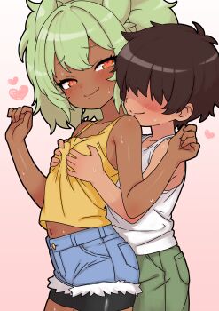 1boy 1girl absurdres blush breasts dark-skinned_female dark_skin denim fang fangs grabbing_another's_breast green_hair groping heart heart-shaped_pupils highres humotaru kodomo_doushi loli orange_eyes original shorts shota skin_fang sweat symbol-shaped_pupils tank_top