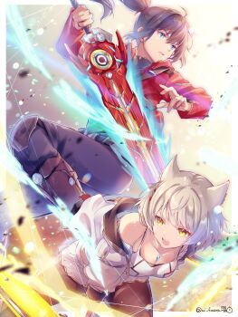 1boy 1girl animal_ears black_hair black_pants black_shirt blue_eyes breasts cat_ears cat_girl chest_jewel grey_hair high_ponytail highres holding holding_sword holding_weapon jacket long_hair medium_breasts miniskirt mio_(xenoblade) noah_(xenoblade) pants pleated_skirt ponytail red_jacket shirt skirt sword tank_top ui_frara weapon white_jacket white_skirt white_tank_top xenoblade_chronicles_(series) xenoblade_chronicles_3 yellow_eyes