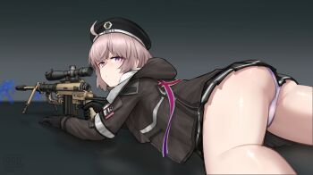 Rule 34 | 1girl, absurdres, ahoge, anti-materiel rifle, artist name, ass, bipod, black gloves, black hat, black skirt, bolt action, brown jacket, cheyanne (girls' frontline 2), cheytac m200, commentary, from behind, girls' frontline, girls' frontline 2: exilium, gloves, gogo (gogo 23), gradient background, grey hair, gun, hat, highres, holding, holding gun, holding weapon, hood, hooded jacket, jacket, looking at viewer, lying, m200 (girls' frontline), magazine (weapon), medium hair, on stomach, panties, purple eyes, purple panties, rifle, scope, shirt, skirt, sniper rifle, solo, suppressor, underwear, weapon, white shirt