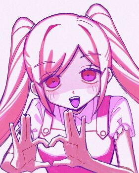 1girl blush collared_shirt commentary_request dark-skinned_female dark_skin four-finger_heart_hands heart heart_hands highres long_hair looking_at_viewer omori open_mouth perfectheart_(omori) pink_eyes pink_hair shirt short_sleeves sidelocks simple_background smile solo teeth tongue twintails upper_body upper_teeth_only white_background white_shirt yksm_oe