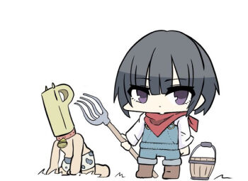 Rule 34 | 1boy, 1girl, animal print, bandana, bandana around neck, bell, black hair, boots, brown boots, bucket, chibi, closed mouth, collar, cow horns, cow print, farmer, holding, horns, idolmaster, idolmaster cinderella girls, kawamochi (kawauti919), long sleeves, looking at viewer, neck bell, overalls, p-head producer, pitchfork, producer (idolmaster), purple eyes, red collar, shirayuki chiyo, shirt, short hair, simple background, standing, topless male, white background, white shirt