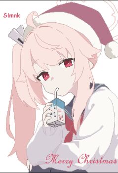 1girl ahoge blue_archive cup drink_carton drinking drinking_glass fur-trimmed_headwear fur_trim halo hashtag-only_commentary hat highres holding holding_milk_carton long_hair long_sleeves looking_at_viewer merry_christmas milk_carton natsu_(blue_archive) pink_hair pink_halo pink_hat pixel_art red_eyes santa_hat shirt side_ponytail simple_background slmnk10124 solo upper_body white_background white_shirt