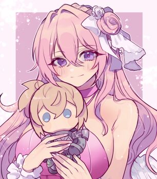 1girl absurdres angel_wings bad_source bare_shoulders blush braid breasts character_doll doll dorothy_(nikke) dorothy_(nostalgia)_(nikke) dress feathered_wings goddess_of_victory:_nikke hair_bun hair_ribbon halter_dress halterneck highres holding large_breasts long_hair miko_(uuua12u) official_alternate_costume pink_dress pink_hair pinne_(nikke) purple_eyes ribbon smile solo white_ribbon white_wings wings