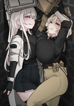 2girls absurdres ammunition_pouch arm_up asymmetrical_docking bag belt belt_pouch black_gloves black_shirt black_skirt black_sweater breast_press breasts brown_belt brown_pants closed_eyes closed_mouth coat collared_shirt fingerless_gloves gloves hair_ornament hair_over_shoulder hairclip highres holding holding_bag huge_breasts k0ng large_breasts long_hair long_sleeves medium_hair multiple_girls open_mouth original pants pleated_skirt pouch shirt shirt_tucked_in skirt sleeves_rolled_up smile stalker_(game) sweat sweatdrop sweater turtleneck turtleneck_sweater variant_set very_long_hair walkie-talkie white_coat white_hair
