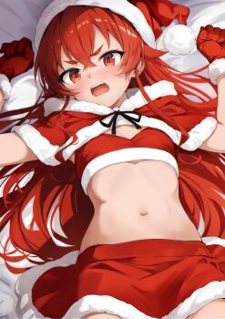 1girl absurdres alternate_costume arms_up bed_sheet blush breasts capelet commentary_request eris_greyrat fur-trimmed_capelet fur-trimmed_gloves fur-trimmed_headwear fur-trimmed_skirt fur_trim gloves hair_between_eyes hat highres looking_at_viewer lying mushoku_tensei nakatokung navel on_back open_mouth red_capelet red_eyes red_gloves red_hair red_hat red_skirt santa_costume santa_hat skirt small_breasts small_sweatdrop solo sweat thick_eyebrows v-shaped_eyebrows