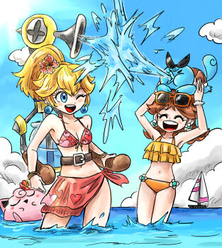&gt;_&lt; 2girls ;d ^_^ bikini blonde_hair blue_eyes blue_sky blush blush_stickers boat brown_hair closed_eyes cloud commentary_request day earrings eyelashes eyewear_on_head f.l.u.d.d. flower flower_earrings gen_1_pokemon hair_flower hair_ornament heart heart_print highres holding holding_pokemon jewelry jigglypuff kicdon long_hair mario_(series) multiple_girls navel nintendo on_head one_eye_closed open_mouth orange-framed_eyewear outdoors pokemon pokemon_(creature) pokemon_on_head ponytail princess_daisy princess_peach sailboat sarong sky smile sphere_earrings squirtle stomach sunglasses super_mario_sunshine super_smash_bros. swimsuit teeth u_u upper_teeth_only wading water watercraft
